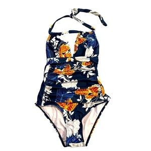Tropical Print Deep V and Ruched Front Full Coverage One Piece Suit